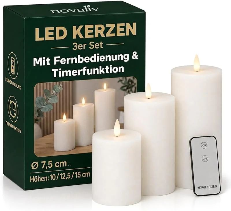 Besuche den Novaliv-Store 3er Set Led Kerzen 7, 5cm ø Kerze flackernde Flamme mit Fernbedingung WEISS 15 cm + 12, 5 cm + 10 cm Höhe, LED Kerzen mit Timerfunktion, 3 AAA Batterien nötig, LED Echtwachs Stumpenkerzen warmweiß — Kerzenlicht Abendessen