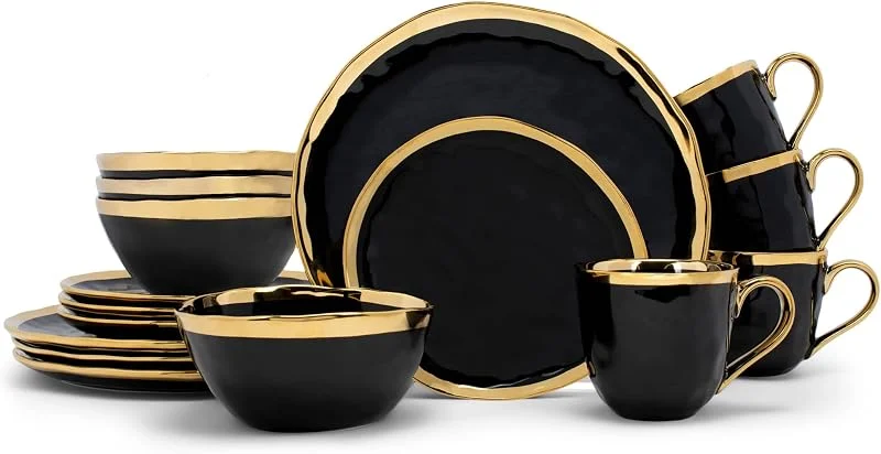 Marke: Elanze Designs Elanze Designs 16-teiliges Geschirr-Set mit metallischen Blasen, Porzellan, Keramik, Teller, Schüsseln, Tassen, Geschirr-Set, Service für 4 Personen, Schwarz mit goldenen Akzenten — Advent und Tisch