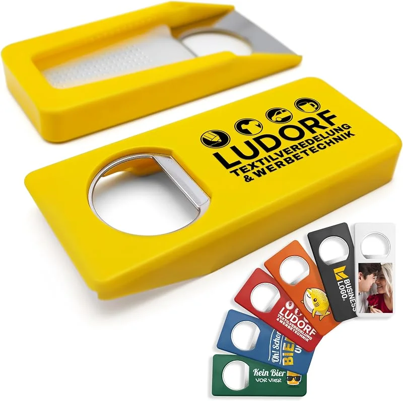 Besuche den #teamludorf-Store Personalisierte Flaschenöffner mit Verschluss (50 Stück, Gelb) – Mit eigenem Foto, Logo & Text bedruckbar – Nachhaltig aus Recycling-Kunststoff — Wein und Festtafel