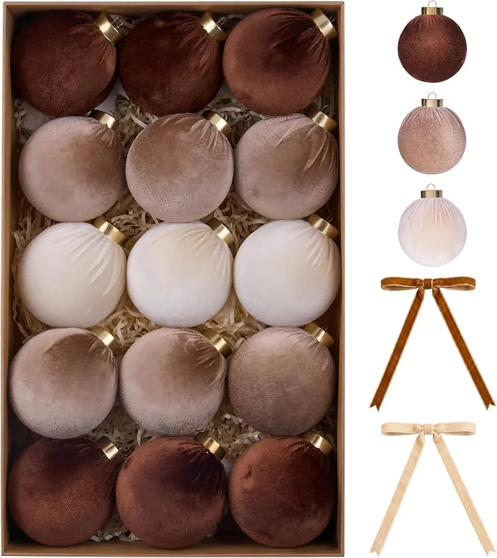 Marke: Kovarient Weihnachtskugeln 15 Stücke 8cm Christbaumkugeln Braun Beige Samt beflockten Kunststoff Weihnachtskugel Weihnachtsdeko mit Aufhänger Weihnachtsbaumschmuck