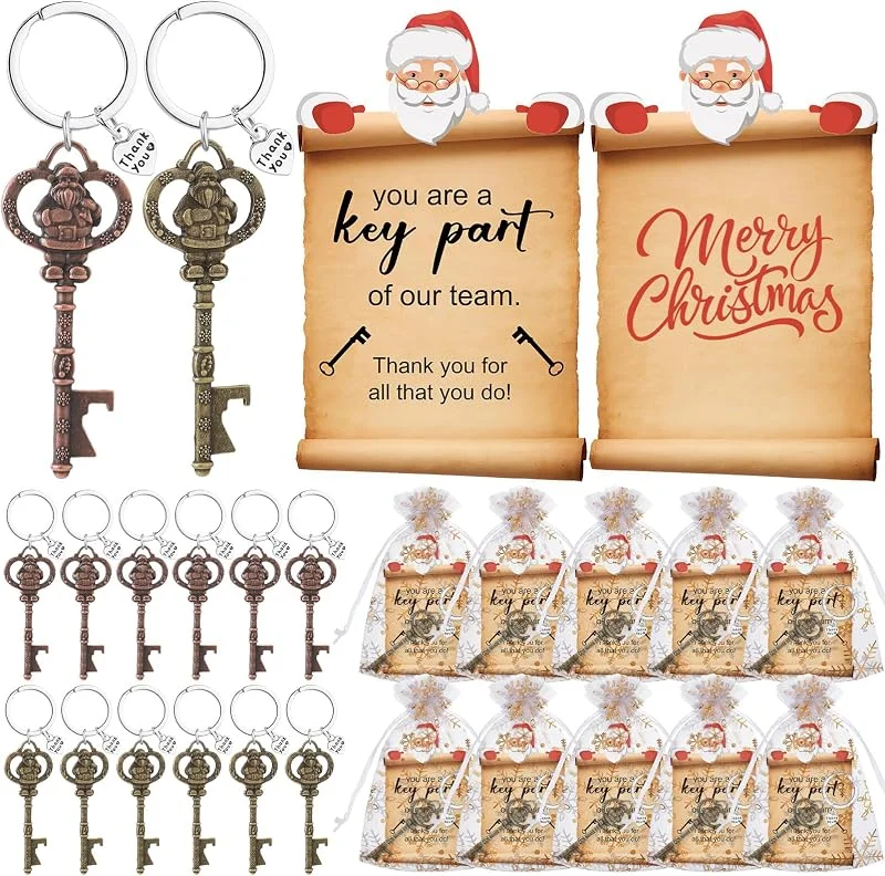 Marke: Tioncy Tioncy Weihnachtsgeschenke für Mitarbeiter, inklusive Flaschenöffner, Weihnachtsmann, Schlüssel, Weihnachtsmann, Dankeskarten und Organza-Beutel für Lehrer, Kollegen, Team-Geschenke (48 Sets) — Wein und Festtafel