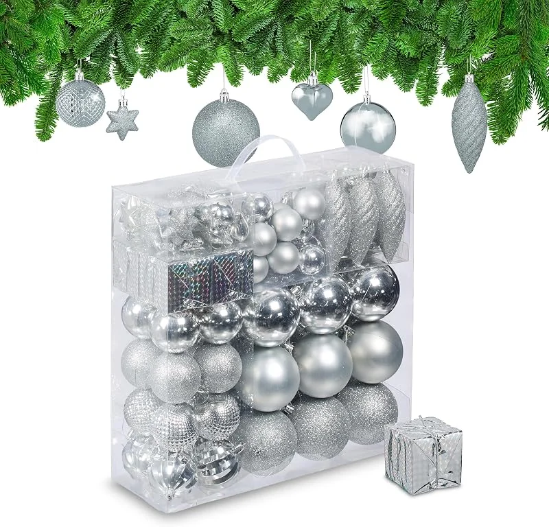 Besuche den Relaxdays-Store Relaxdays Weihnachtskugeln 110er Set, Kunststoff, Weihnachtsbaumdeko mit Kugeln & Lametta, Christbaumschmuck, Farbwahl — Weihnachtsdeko