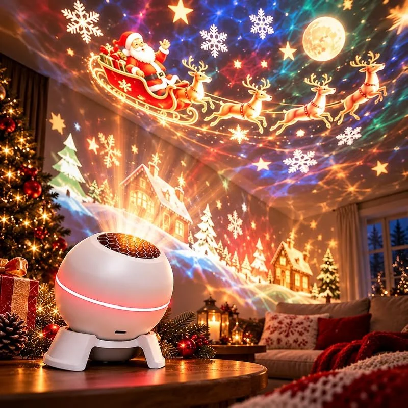 Marke: Zealburst Merry Glow Christmas Projector, Magisches Weihnachts Projektor Nachtlicht, Weihnachtliches Projektions-Nachtlicht, 360° drehbare Wellen-Projektionslampe für Schlaf- und Wohnzimmer, Decken-Deko — Weihnachtsbeleuchtung