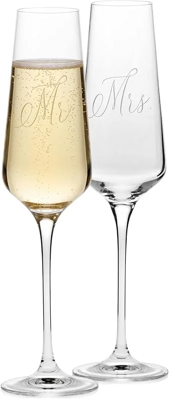 Besuche den Krosno-Store Krosno Champagnergläser Mr & Mrs 2er Set 180 ml - Prosecco-Sekt gläser - handgefertigt aus bleifreiem Kristallglas, matt weiß verziert - Hochzeitsgläser als Geschenk für Paare — Wein und Festtafel