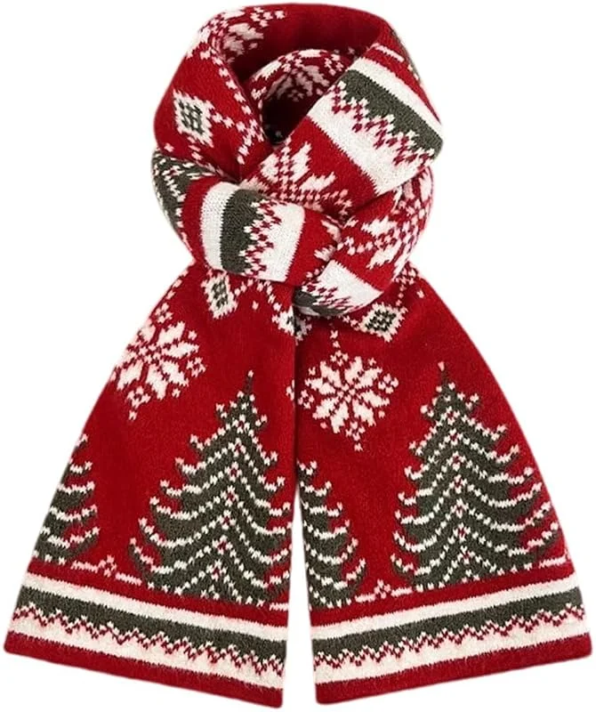 Marke: HiyyFloy HiyyFloy Roter Winter-strickschal Weihnachtsmotiv – Weihnachtsbaum, Rentier, Hirsch, Warmer Wollschal, Frauen Und Mädchen — Weihnachtsmode