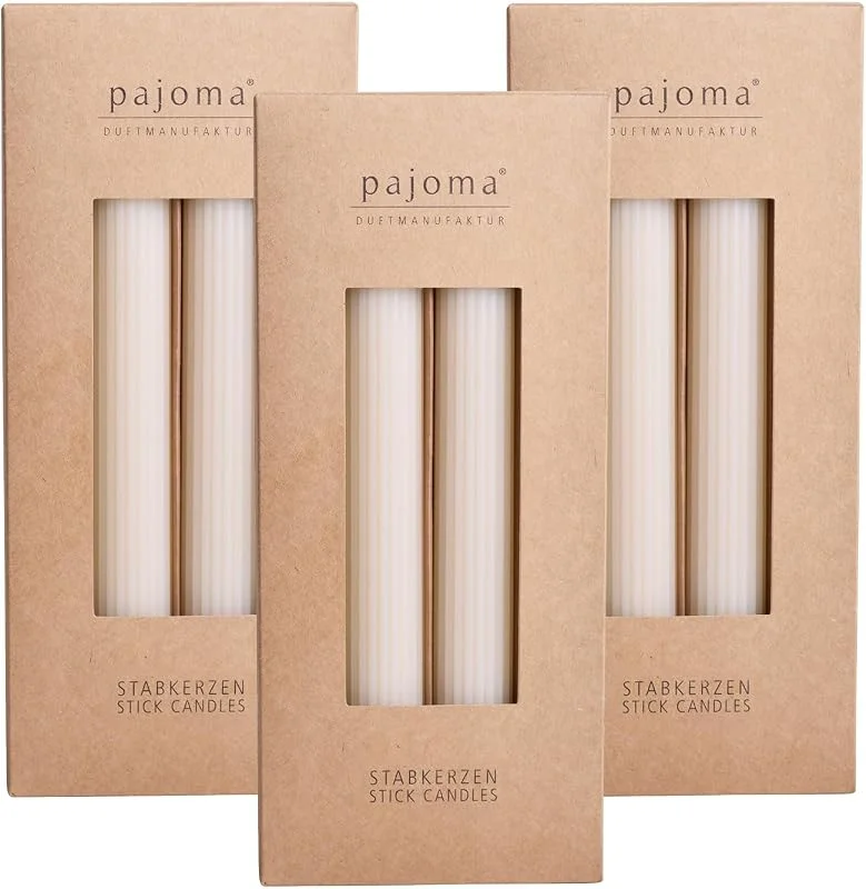 Besuche den pajoma-Store Geriffelte Stabkerzen Cream - 12 Stück, Höhe 23 cm Ø 2.5 cm - Brenndauer 19 Stunden, 20% Soy wax + 80% Paraffin - einfarbige Kerzen, pajoma® — Kerzenlicht Abendessen
