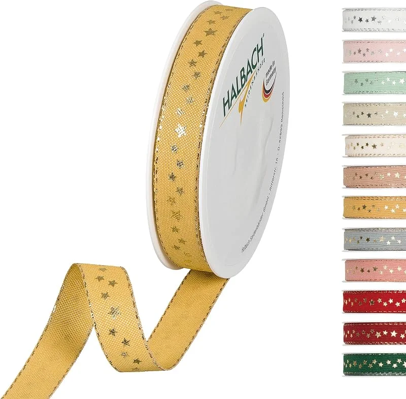 Besuche den Halbach-Store Halbach Weihnachtsband mit Sternen, 15 mm x 18 m, honiggelb, gold — Geschenkverpackung