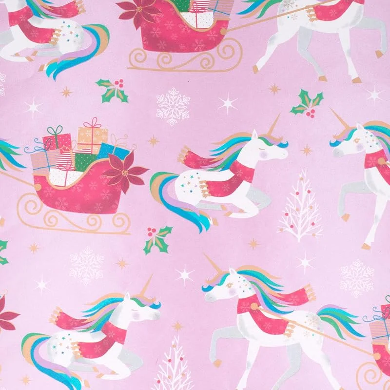 Marke: Star Weihnachtsgeschenkpapier 70cm x 2m Rolle Einhorn mit Schlitten - Geschenkpapier mit Motiv für Weihnachten - Geschenkpapierrolle mit Weihnachtsmotiv - Weihnachtspapier für Kinder Mädchen Rosa — Geschenkverpackung