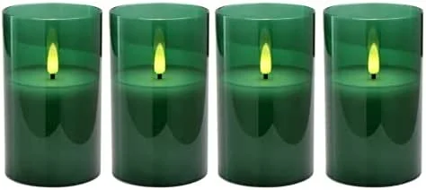 Marke: Klocke Dekorationsbedarf Hochwertige LED Adventskerzen im Glas - 4er Kerzenset, Sparset - Timer - Realistisch Flackernd - Kerze Weihnachten, Weihnachtskerzen, Adventskranz (Grün, Mittel - Höhe 12, 5cm, Ø 7, 5cm) — Kerzenlicht Abendessen
