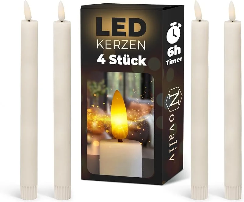 Besuche den Novaliv-Store Novaliv 4X Stabkerze LED bewegliche Flamme Wachs - Echtwachs Weiß - Indoor - 22cm Höhe für 2, 2cm Durchmesser, 2x AAA Batterie notwendig - Stabkerze LED für Adventskranz — Kerzenlicht Abendessen