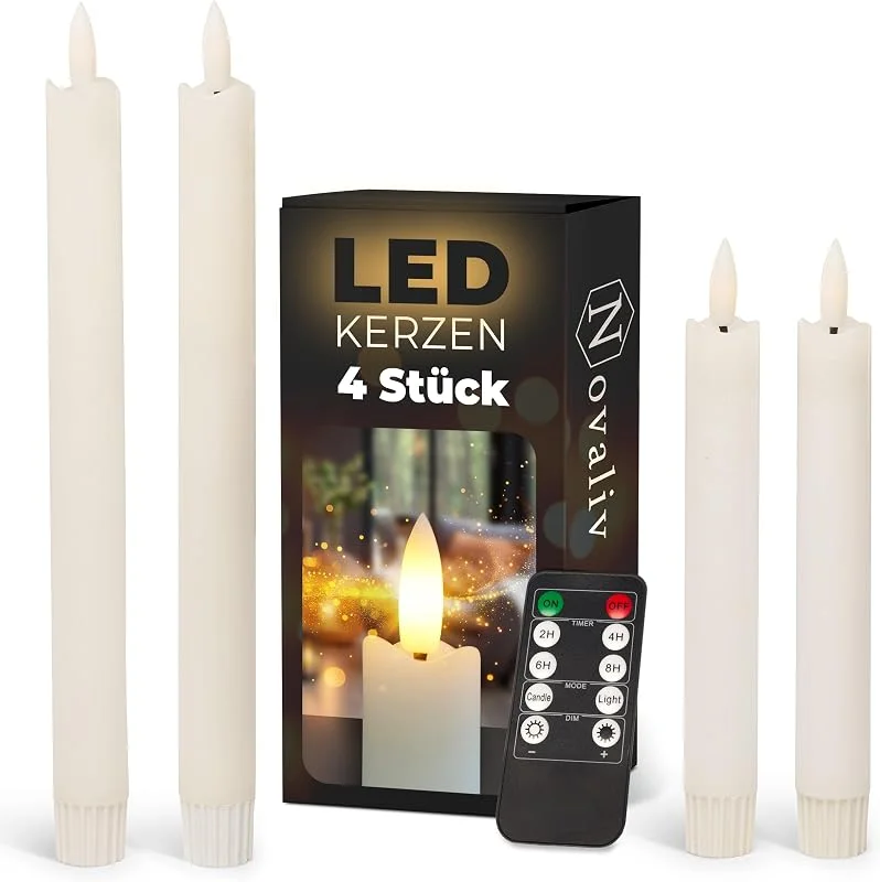 Besuche den Novaliv-Store Sparset Stabkerzen LED mit Timer Klein+Groß WEISS 4 Stück WEISS indoor - 6 Stunden - ECHTWACHS 18cm+23cm Höhe für Kerzen 2, 2cm Durchmesser 2 AAA Batterien notwendig LED Stabkerzen flackernde Flamme — Advent und Tisch