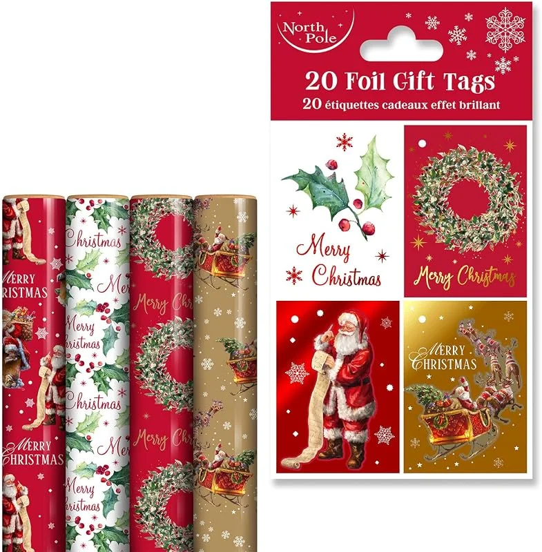 Marke: Eurowrap Eurowrap Traditionelles Geschenkpapier für Weihnachten, 4 x 4 m und 20 Folien-Geschenkanhänger, 4 Rollen-Designs und 4 Anhänger-Designs – Weihnachtsmann, Kranz, Schlitten und Stechpalme — Geschenkverpackung