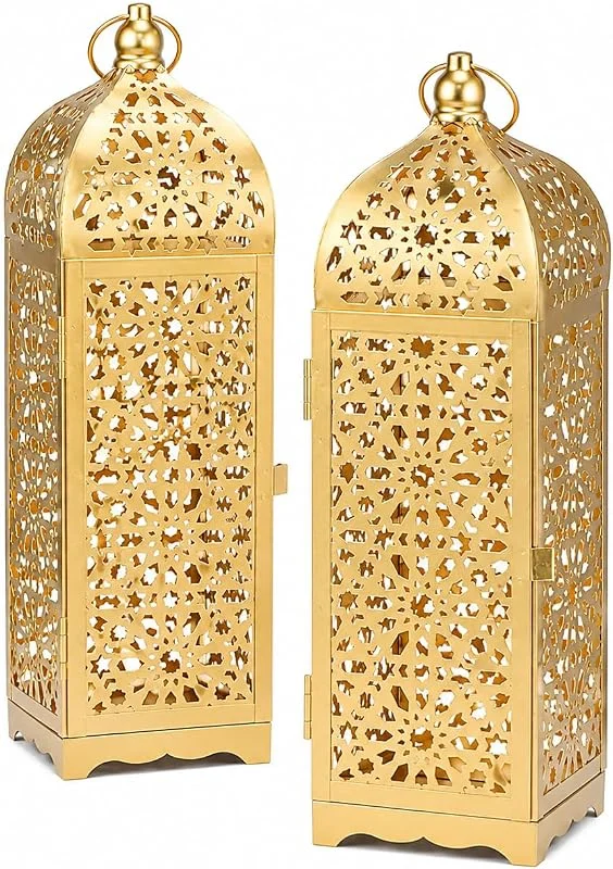 Besuche den JHY DESIGN-Store JHY DESIGN Kerzenlaternen Set 2 Stück, Gold Metalllaternen Orientalisch — Kerzenlicht Abendessen