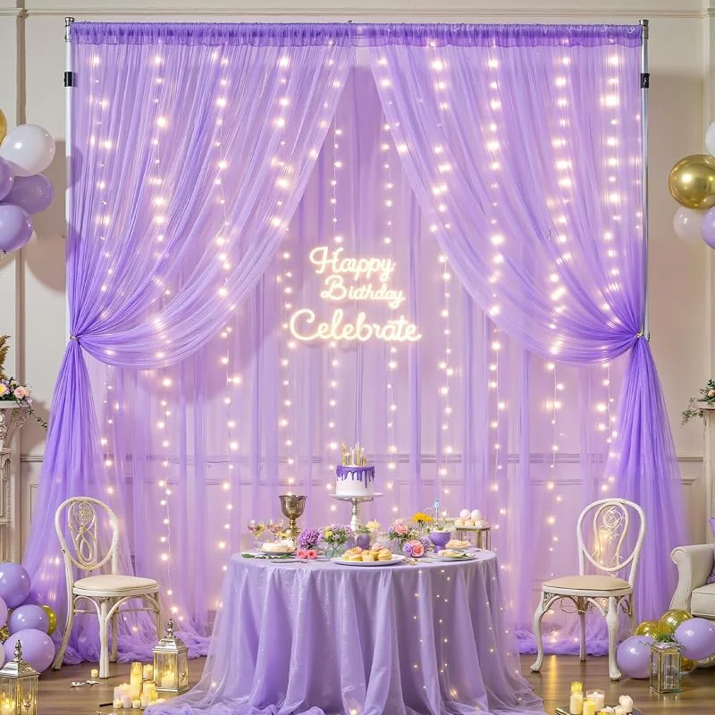 Marke: Suppromo Lavendel-Hintergrundvorhang mit LED-Lichtern für Babyparty, Mädchen, 3 mx3 m, Lavendel-Tüll-Hintergrund, Vorhang für Hochzeit, Brautparty, Elefant, Geburtstag, Fotoshooting, Hintergrunddekorationen — Weihnachtsbeleuchtung
