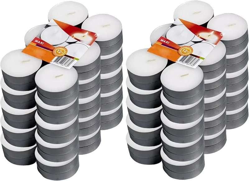 Besuche den FÜNDIG-Store Maxi-Teelichter 12er Pack Weiße Kerzen mit 8 Stunden Brenndauer - Hochwertige Maxi-Lichter aus Paraffin und Metall - Minimaler Ruß, Perfekt für Dekoration und Gemütlichkeit (120ST = 10x12ST) — Kerzenlicht Abendessen