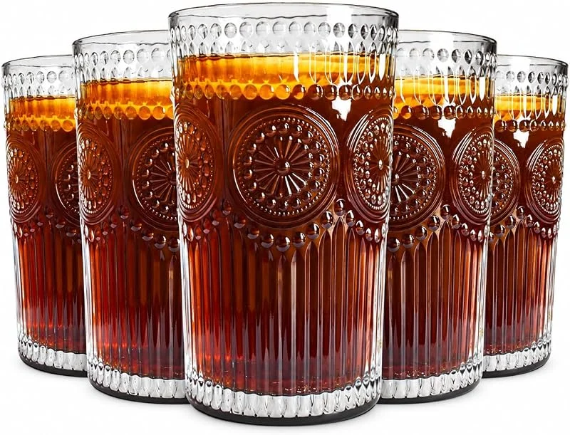 Besuche den Sendez-Store Sendez 6 Longdrinkgläser 340 ml mit Relief Sonne – Wassergläser Set – Saftgläser & Cocktailgläser – Transparent – Spülmaschinengeeignet — Wein und Festtafel