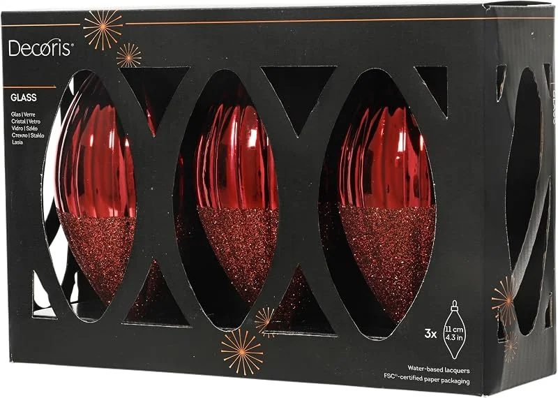Marke: Decoris Christbaumschmuck Glas Olive 11cm mit Glitzer 3 Stück geriffelt - Ochsenblut — Weihnachtsdeko