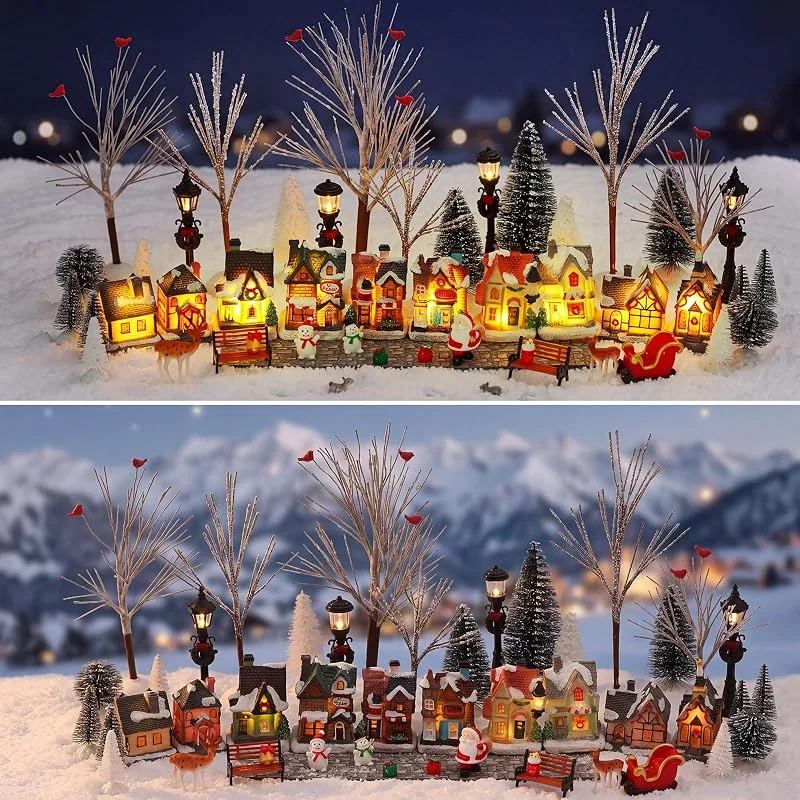 Marke: Queekay Queekay 48-teiliges beleuchtetes Weihnachtsdorf-Set mit LED-Häusern, Mini-Zubehör, DIY-Weihnachtsdorf mit Baum, Hirsch, Straßenlaterne, Bank, Tischdekoration, Urlaub (klassisch, mehrfarbig, Harz — Weihnachtsdeko