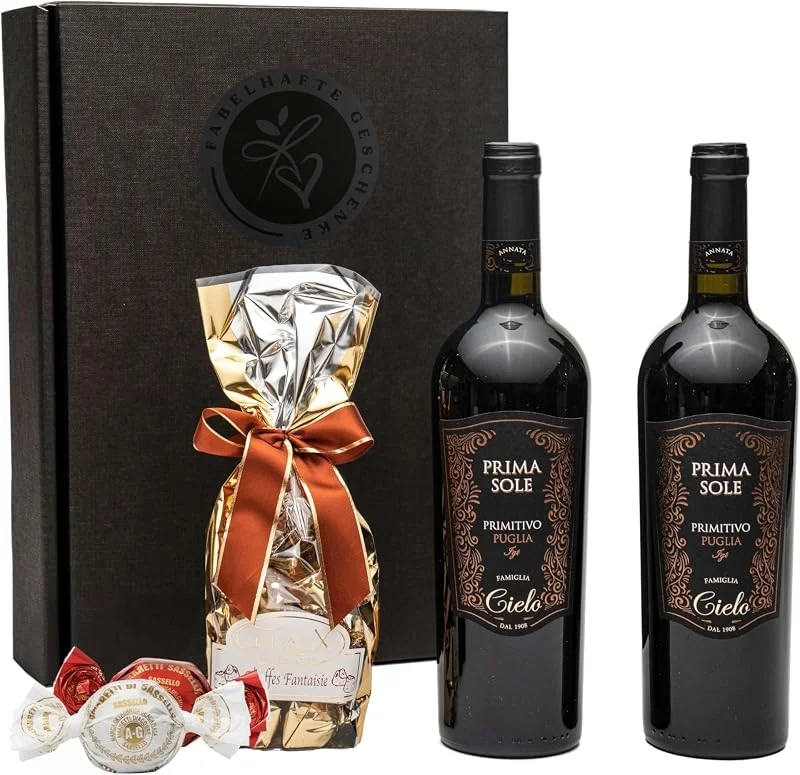 Besuche den FABELHAFTE GESCHENKE-Store Geschenkset Rotwein Primitivo mit feinsten Schokoladentrüffeln und Amaretti, Ein Weingeschenk für Männer & Frauen zu Geburtstag, Hochzeit, Weihnachten, Jubiläum — Wein und Festtafel