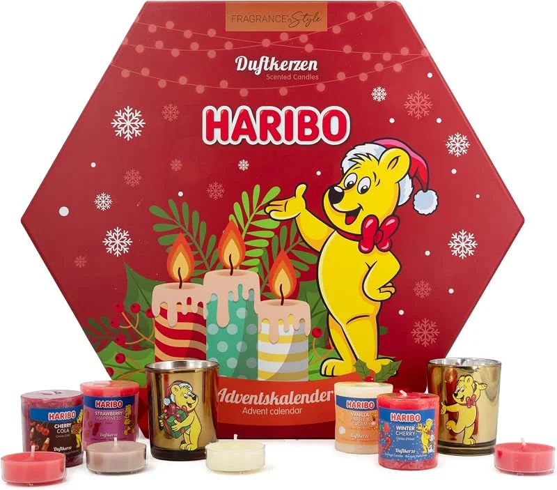 Marke: HARIBO Haribo Adventskalender Duftkerzen - 12 Votivkerzen, 12 Teelichte, 2 Votivgläser - Kerzenkalender mit Sommer & Winterdüften für Weihnachten - Perfekte Geschenkidee für Vorweihnachtszeit — Kerzenlicht Abendessen