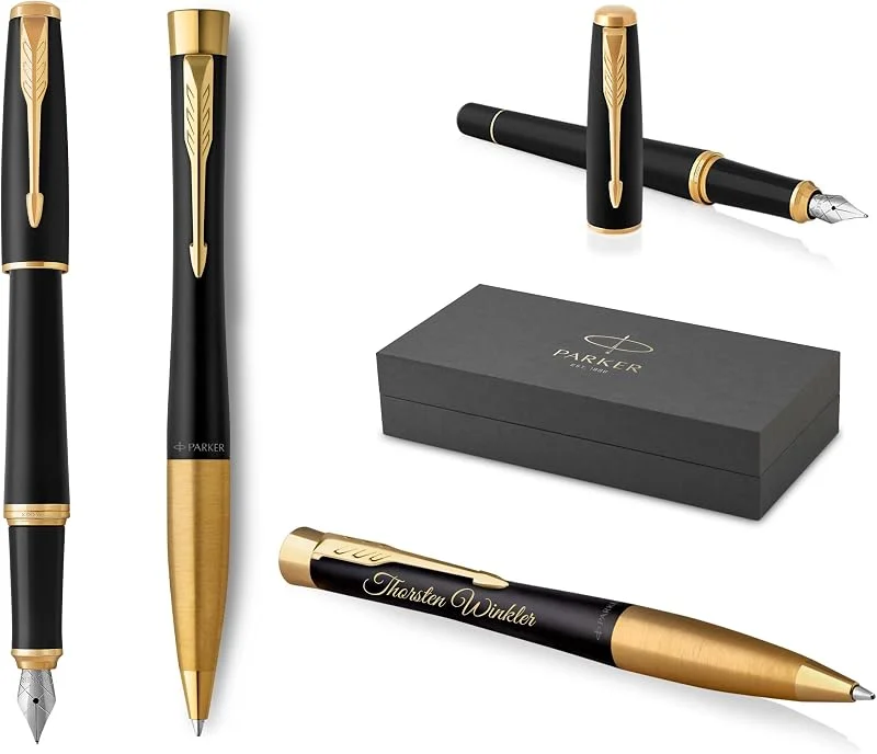 PARKER Urban Kugelschreiber und Füllfederhalter Twist mit Gravur, Premium Stift, Geschenkbox, personalisiertes Geschenk, Namen, graviert, Jahrestag, Geburtstag (Muted Black G.C.) — Geschenkverpackung