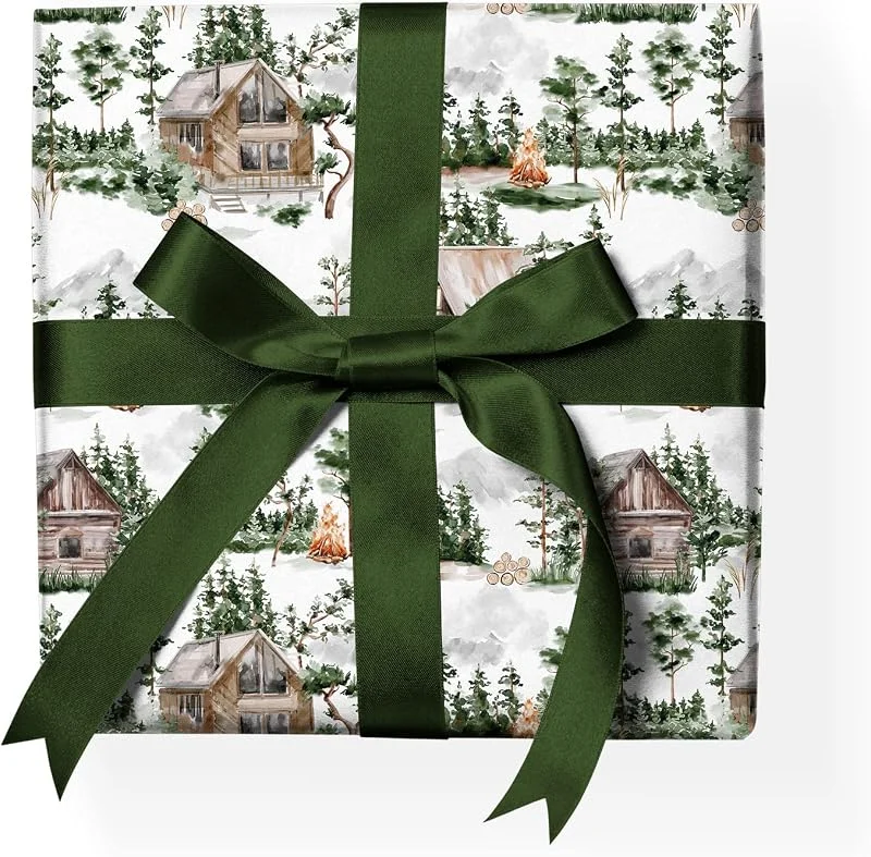 Besuche den Kartenkaufrausch-Store Wald Geschenkpapier Set: Winter Geschenkpapier mit gemalter Hütten Szene und Bäumen, Dekorpapier, Musterpapier zum Einpacken von Geschenken, grün weiß, Format: 32 x 48cm, 4 Bogen — Geschenkverpackung
