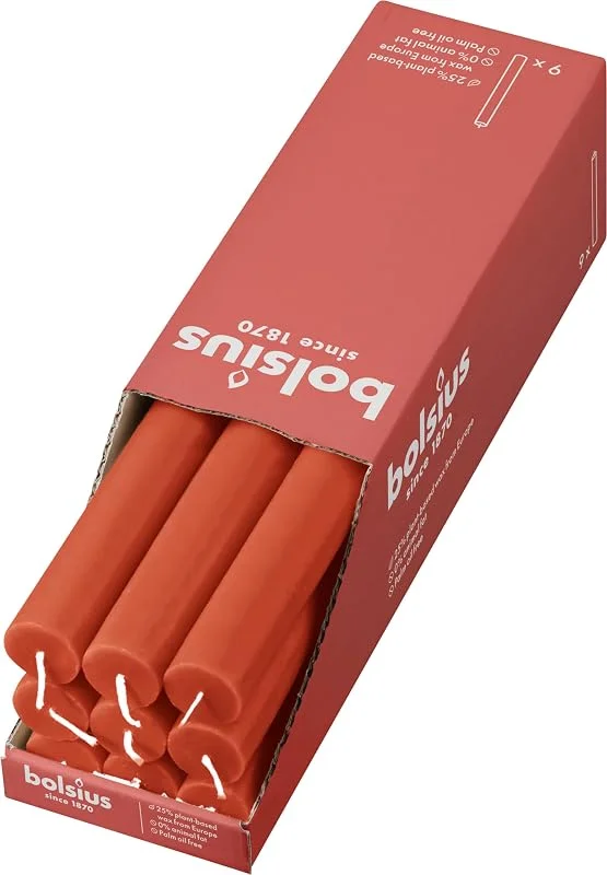 Besuche den bolsius-Store Bolsius - Rustik Stabkerzen - Orange - 9 Stück - 27 x 2.3 cm - Länge Brenndauer 13 Stunden - Unparfümierte - Enthält Natürliches Pflanzenwachs - Ohne Palmöl — Kerzenlicht Abendessen
