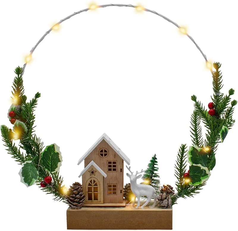 Besuche den Spetebo-Store Spetebo LED Dekoring 20 LED mit Holzhaus - 30 cm - Deko Aufsteller Winterszene mit Timer - Metall Advent Weihnachts Tischdeko — Advent und Tisch