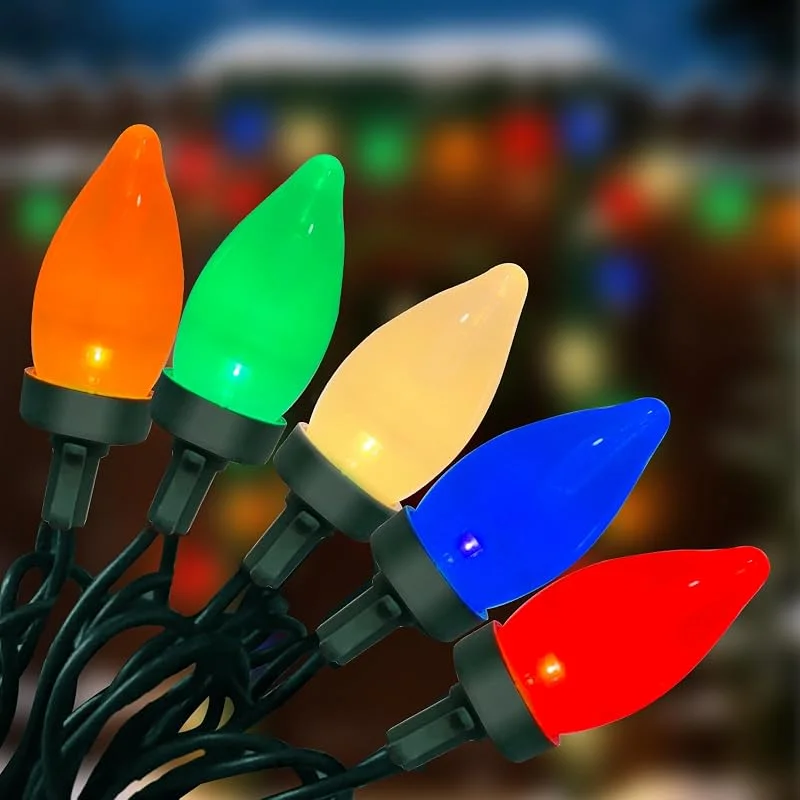 Marke: Goothy C7 LED-Weihnachtsbeleuchtung für den Außenbereich, 8 m, wasserdichte Lichterkette mit 50 bunten C7-LED-Glühbirnen, Vintage-Weihnachtsbeleuchtung für Dach, Hinterhof, Garten