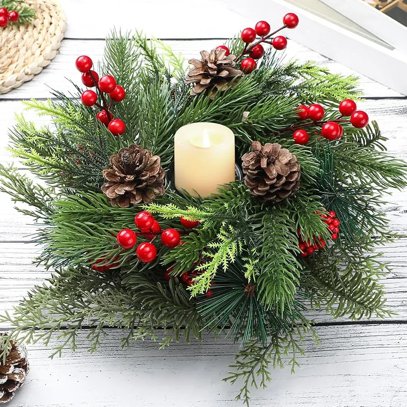 Marke: Mumufy Mumufy Weihnachtlicher Kerzenhalter, 30, 5 cm, künstliche Mini-Tischdekoration, Kerzenhalter mit Tannenzapfen, künstliche Tannenzweige, rote Beere, 1 Kerzenhalter für Festival, Heimdekoration — Kerzenlicht Abendessen