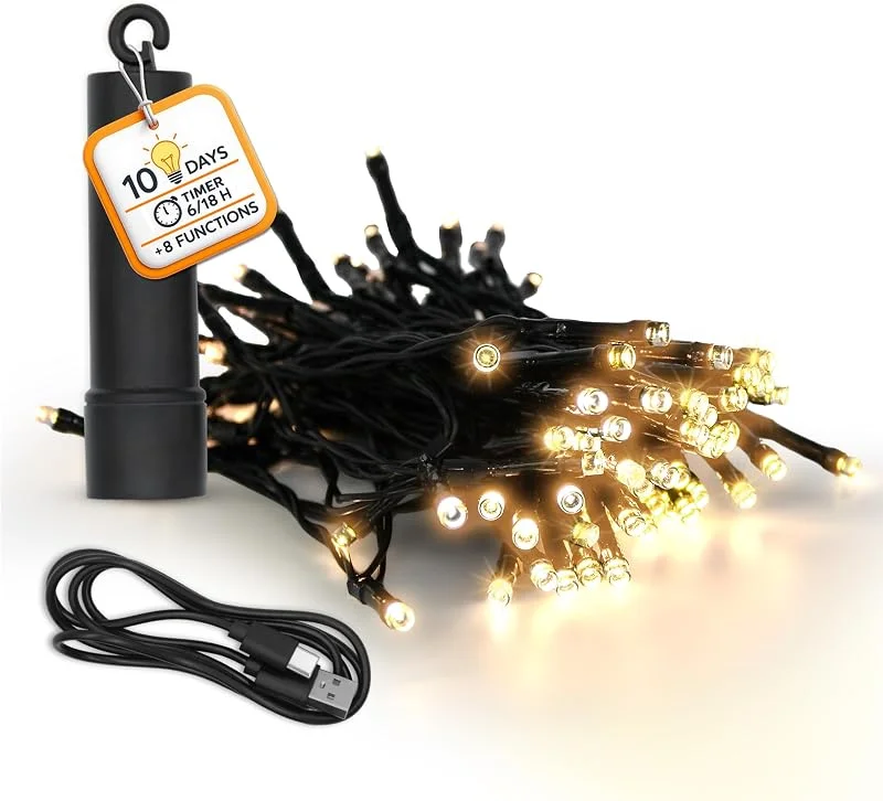 Besuche den Spetebo-Store Spetebo Akku Lichterkette per USB aufladbar bis 10 Tage Leuchtdauer mit Timer - 50 LED auf 3, 7m - Außen Dekolicht warm weiß mit 8 Funktionen - Weihnachten Garten Pavillon Deko Beleuchtung wasserdicht — Weihnachtsbeleuchtung