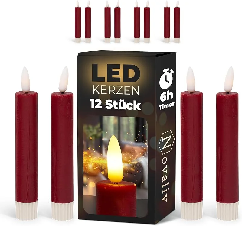 Besuche den Novaliv-Store Novaliv Stabkerzen LED mit Timer ROT 12 Stück Indoor 6 Stunden ECHTWACHS 15cm Höhe für Kerzen 2, 2cm Durchmesser 2 AAA Batterien notwendig LED Stabkerzen 4er Set 3X bewegliche Flamme Licht — Advent und Tisch