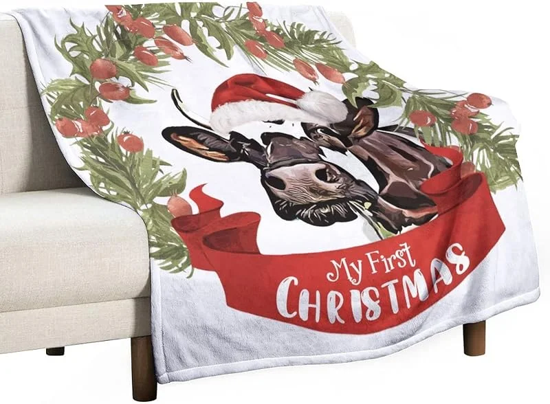 Marke: Generic Weihnachtskranz Tier Kuh My First Christmas Decke Warme Decke Überwurf Decke für Paar Merry Xmas Mottoparty Flauschige Decke Doppelseitige Flanell Fleecedecke für Bett und Couch 130 x 150 cm — Weihnachtsdeko