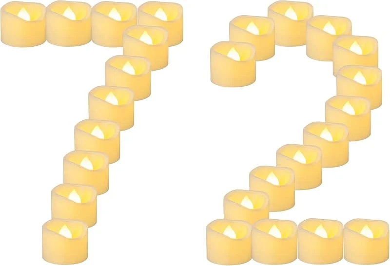 Besuche den Yakpo-Store 72 Stück 3, 8 cm x 3 cm große Teelichter, batteriebetrieben, flammenlos, flackernd, gefälschte LED-Votiv-Teelichter, große Menge für Hochzeit, Zuhause, Party, Urlaub, Halloween-Dekorationen — Kerzenlicht Abendessen