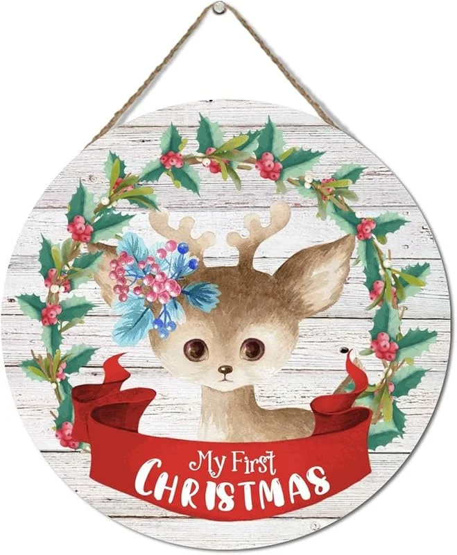 Marke: Wodevor Wanddeko für Schlafzimmer, saisonale Feiertage, Weihnachten, hängendes Holzschild, 30, 5 x 30, 5 cm, rund, Weihnachtskranz, Tier, Hirsch, mein erstes Weihnachten, rustikales Holzschild — Weihnachtsdeko