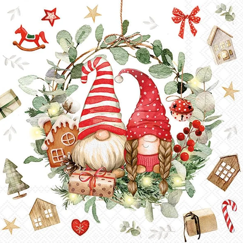 Besuche den Ambiente-Store 20 Servietten Weihnachten Gnome im Kranz als Tischdeko. Papierservietten mit Motiv. Auch für Decoupage und Serviettentechnik 33x33cm — Advent und Tisch