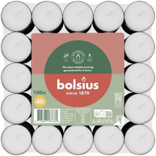 Besuche den bolsius-Store Bolsius Teelichtkerzen 100, 4 Stunden lange Brenndauer, rauchfrei & parfümfrei, weiße Teelichter, natürliche Pflanzenkerze, frei von Palmöl — Kerzenlicht Abendessen