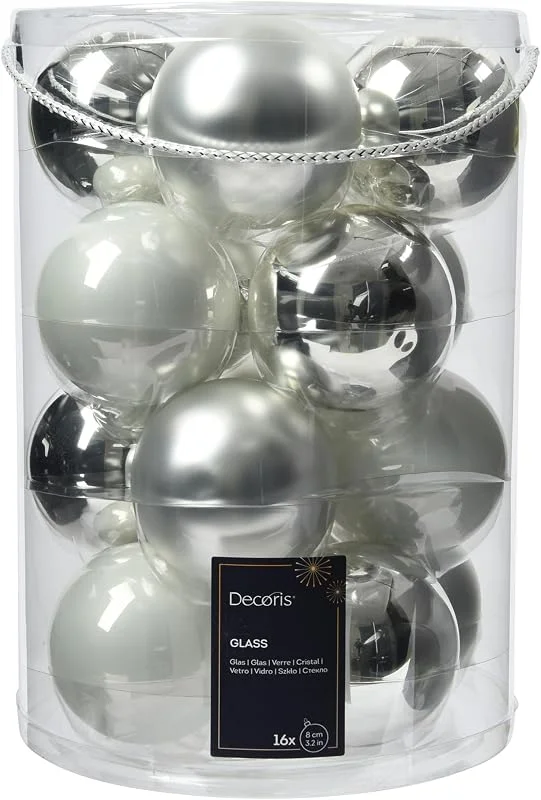 Marke: Decoris Decoris Weihnachtskugeln Glas 8cm 16er Set - matt & glänzend - Große Christbaumkugeln Weihnachtsbaumkugeln für Weihnachten - Kerstbal Glas d8 cm wit, zlvr Ass 16st kerst Silber, Weiß Mix — Weihnachtsdeko
