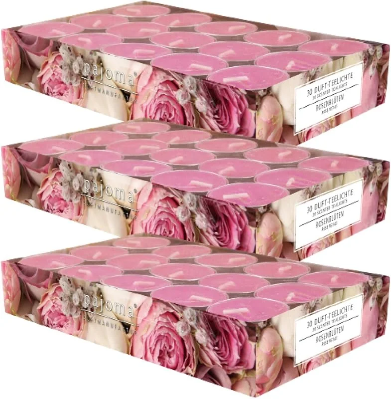 Besuche den pajoma-Store pajoma® Teelichte 6pajoma® Teelichte 3er Pack, Rosenblüte, 90 Duft-Teelichte in Aluminiumhülle, Brenndauer ca. 4 Stunden - Höhe 1, 5 cm ø 3, 5 cm, Premium Qualität, Gastronomie, Outdoor, Windgläser — Kerzenlicht Abendessen