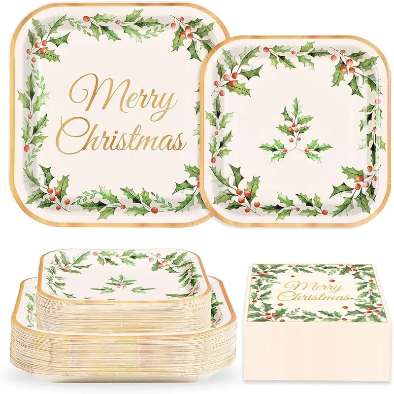 Marke: Grencian Grencian 200 Stück Weihnachtsfeier-Dekorationen, Weihnachtsdekoration, Stechpalmenblatt, Beeren, Teller und Servietten, Stechpalmenblätter, Geschirr-Sets für Frohe Weihnachten, Winterurlaub — Advent und Tisch