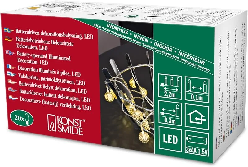 Besuche den Konstsmide-Store Konstsmide LED Dekolichterkette, kleine goldfarbene Metallbälle, 20 warm weiße Dioden, batteriebetrieben, Innen, transparentes Kabel, 3 x AA 1.5V (exkl.) - 3158-803 — Weihnachtsbeleuchtung