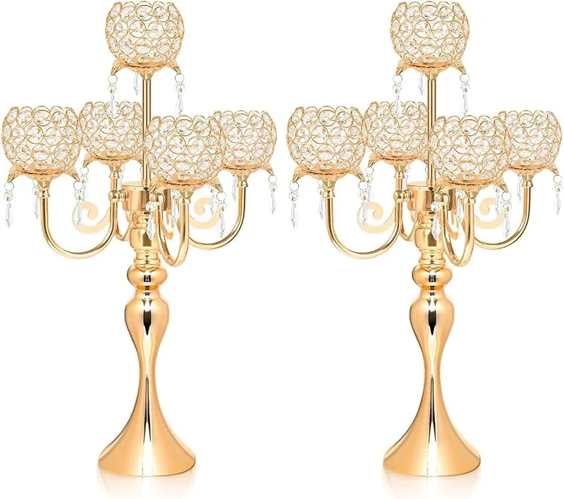 Marke: kehail Goldfarbener Kerzenhalter, eleganter Mittelpunkt mit Anhänger, Kristall-Tischdekoration, 5-armige Kerzenständer für Esszimmer, 57, 1 cm hoch (2, Gold) — Kerzenlicht Abendessen
