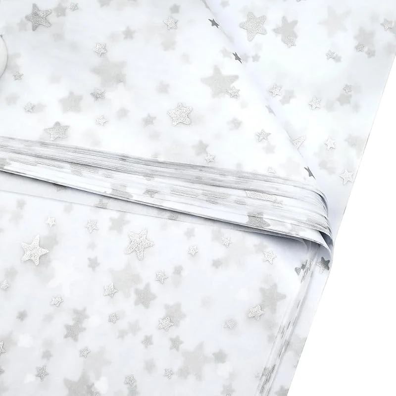 Marke: ADQUATOR Seidenpapier, 50 x 35 cm, silberfarben, Sternmotiv, metallische Supersterne, Geschenkpapier, Großpackung für Hochzeit, Geburtstag, DIY-Geschenkdekorationen, 50 Stück — Geschenkverpackung