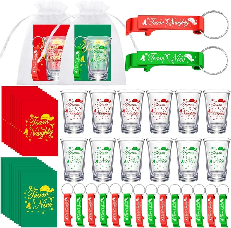 Marke: Vesici Vesici 50-teiliges Weihnachtsgeschenk-Set für Gäste, tolles Geschenk für Weihnachten, Team, frech oder Team, schönes Gastgeschenk, inklusive Schnapsbecher, Flaschenöffner, rot-grüne Karten — Wein und Festtafel