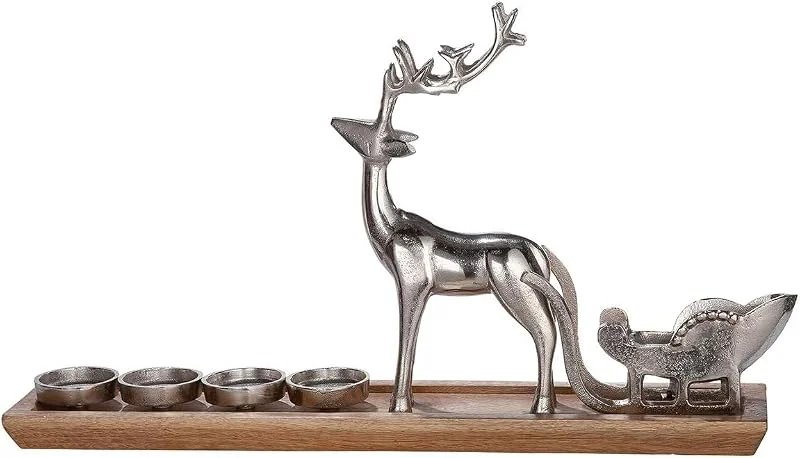 Besuche den GILDE-Store GILDE Deko großer Adventsleuchter XL – Advent Kranz Kerzen Halter modern – Adventkranz Deko Hirsch mit Schlitten – Leuchter für 4 Kerzen Farbe: Silber Braun Breite: 64 cm — Advent und Tisch