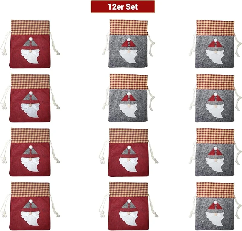 Marke: hausleben 12er Set Geschenktüten Weihnachten – Filz + Stoff Geschenkbeutel mit Zugschnur, 14x17 cm, Perfekt für kleine Weihnachtsgeschenke, Weihnachtsbeutel, Geschenktüten klein, Weinachtstüten — Geschenkverpackung