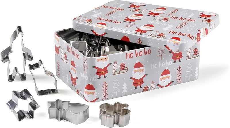 Marke: patisse patisse 13721 – Graue Metall-Weihnachtsmann-Druckbox mit 25 verschiedenen Ausstechformen aus Edelstahl – Baum, Elfe, Engel, Stern, Lebkuchen, Zuckerstange usw — Weihnachtskueche