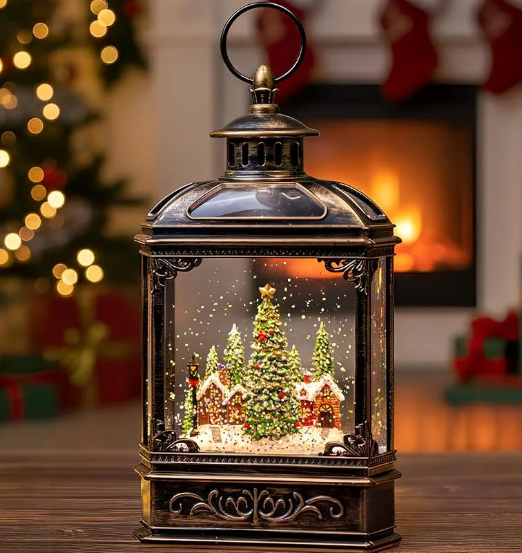 Marke: VISFLAIR Weihnachtsdorf Schneekugel Laterne musikalisch beleuchtet Dorfhaus Wasserlaterne in wirbelndem Glitzer, Weihnachtsdekoration und Geschenk, batteriebetrieben oder USB-betrieben