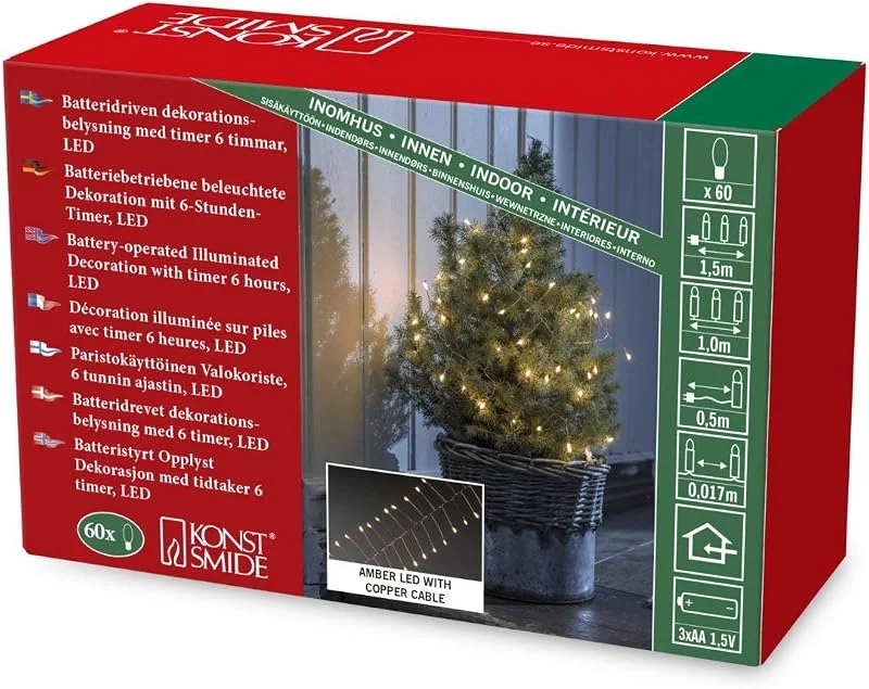Besuche den Konstsmide-Store Konstsmide Micro LED Lichterkette, Firecracker, mit 6h-Timer, 60 bernsteinfarbene Dioden, batteriebetrieben, Innen, kupferfarbener Draht - 1465-860 — Weihnachtsbeleuchtung