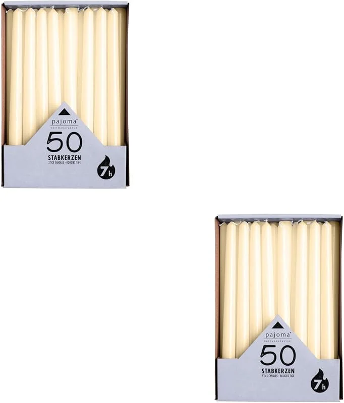 Besuche den pajoma-Store pajoma® Stabkerzen Elfenbein - 100 Stück, Höhe 25 cm, Ø 2 cm, Brenndauer ca. 7 Std., Vielseitig als Tisch-, Deko-, Weihnachtskerze & für Gastro-Events — Kerzenlicht Abendessen